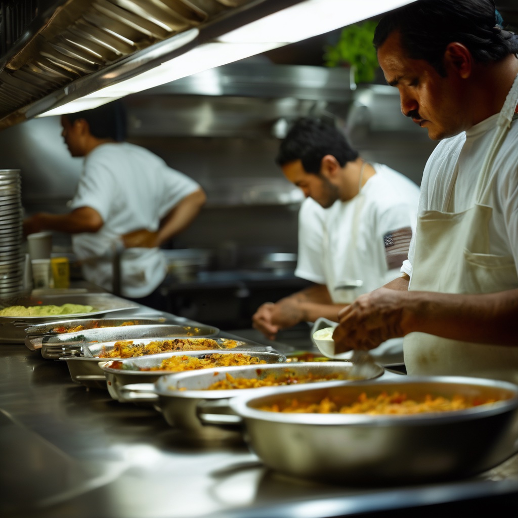 Professional chefs working on hot line plating dishes in a busy kitchen