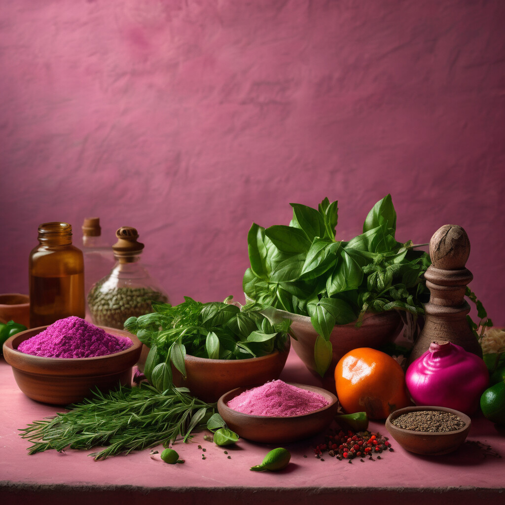 Fresh herbs, spices and traditional Mexican ingredients arranged on rustic surface