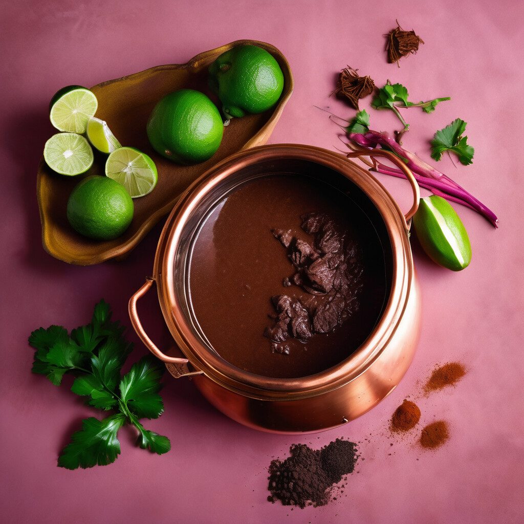 Mole sauce in copper pot with limes, cilantro, and spices arranged on pink background