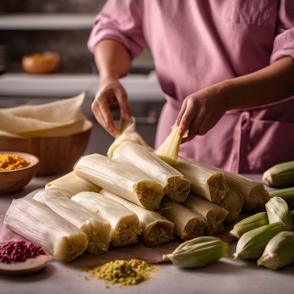 Person in pink shirt wrapping tamales with corn husks