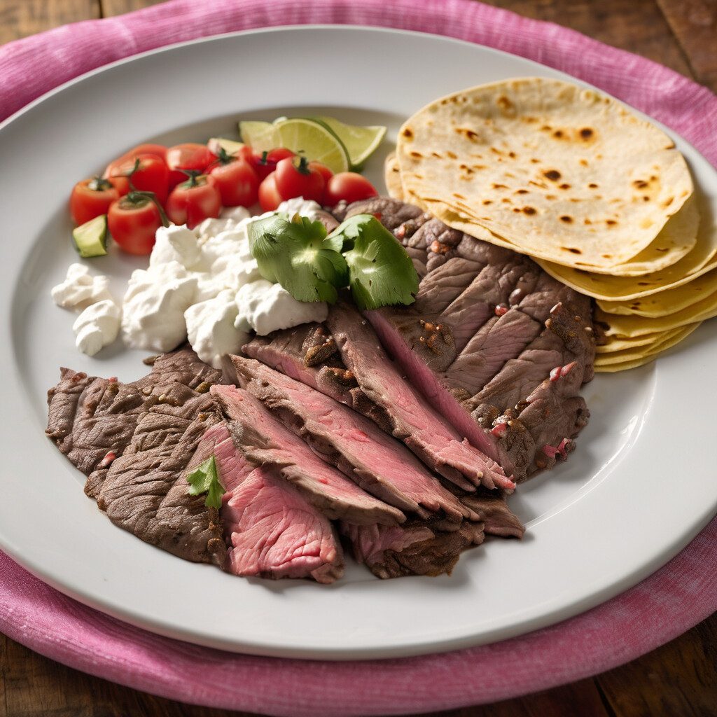 Sliced carne asada with tortillas, sour cream, tomatoes, lime, cilantro